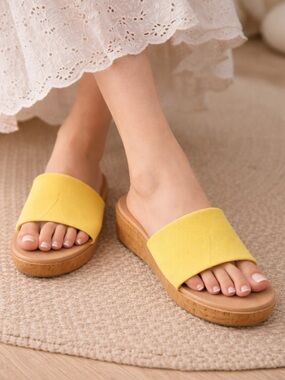 Yellow Slide Sandals Elastic Band Cork Wedge Size 9 Casual Comfort